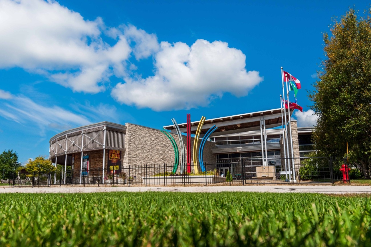 Low angle view of a museum building from a distance. 
