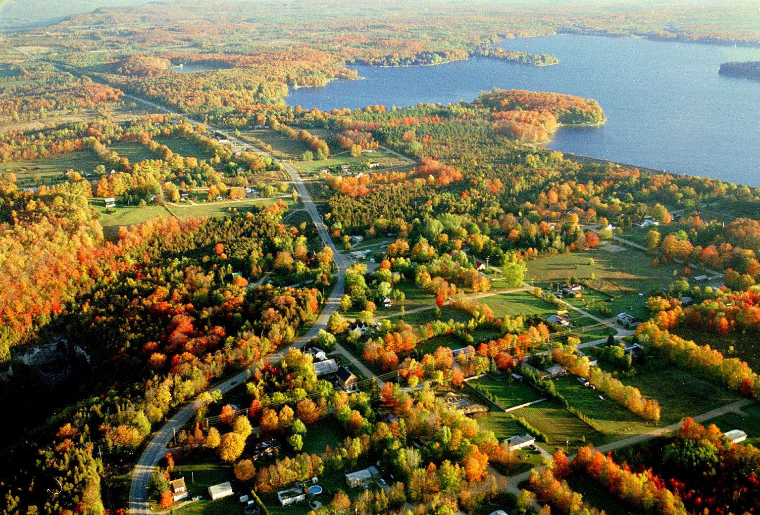 Aerial view of a lakeside community surrounded by colourful autumn trees.