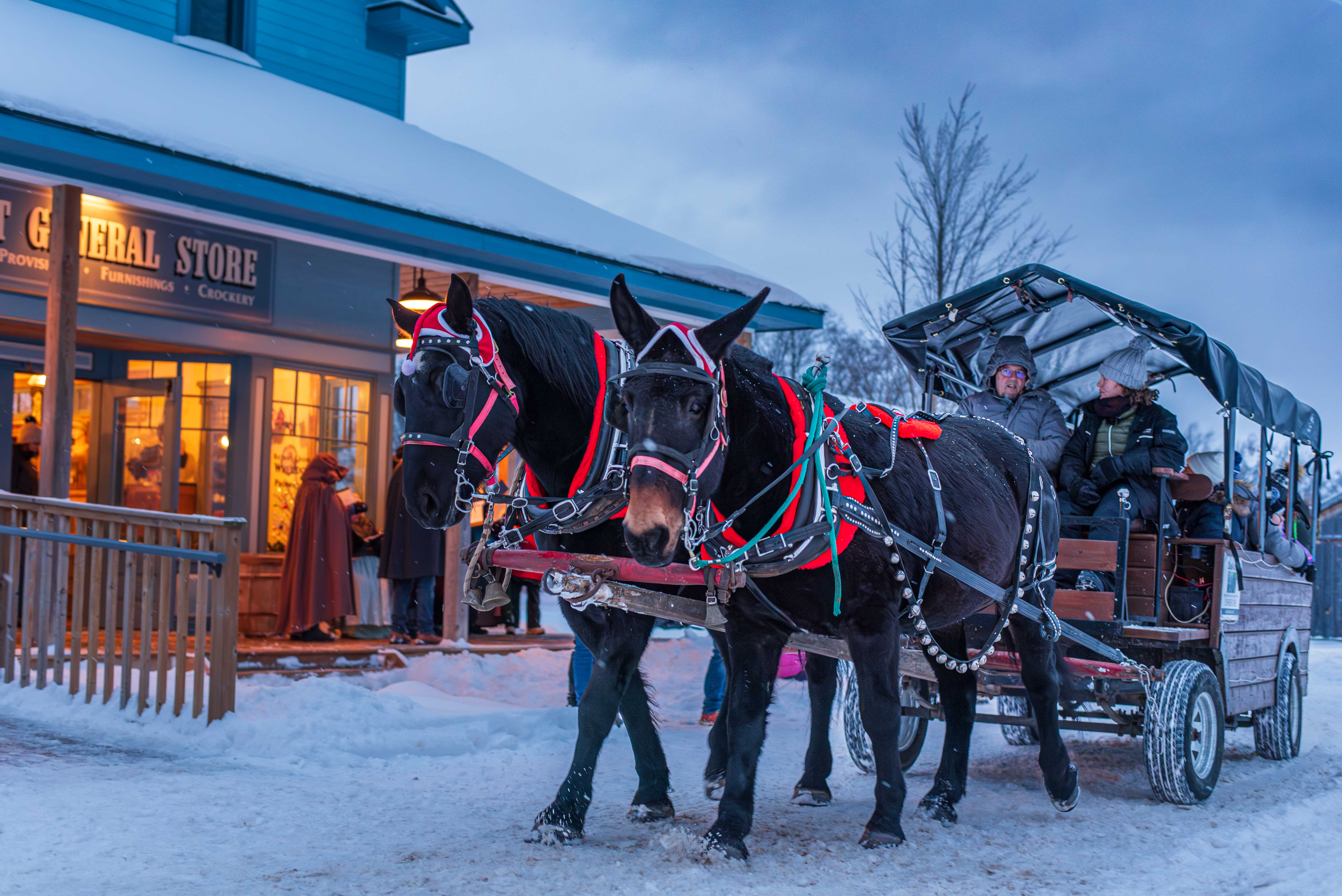 Two black horses pull a wagon past a snow-covered general store.