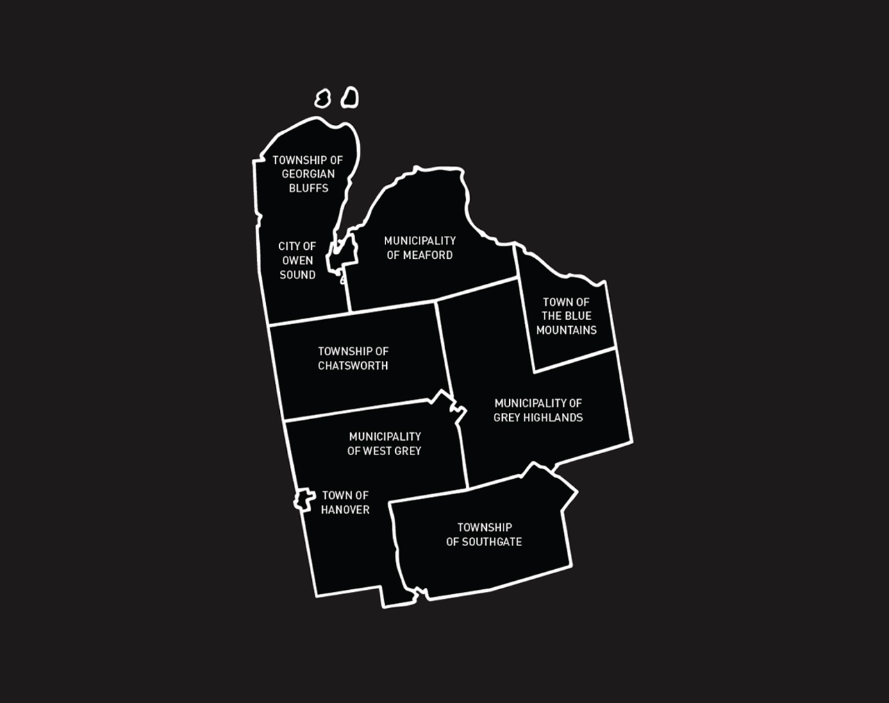 A black and white map of Grey County naming each municipality.
