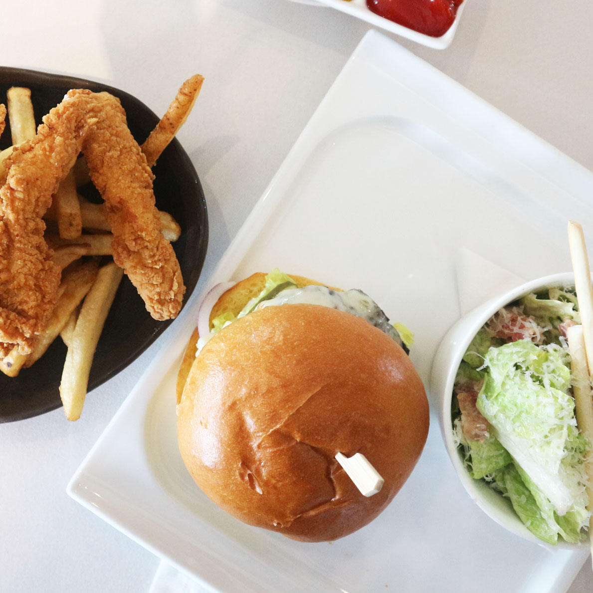 Top down view of a selection of pub food.