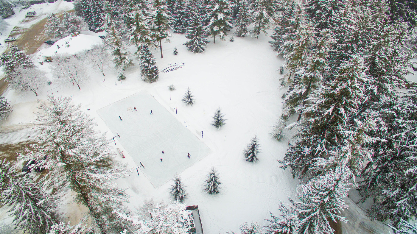 Drone shot of the harrison park ice rink
