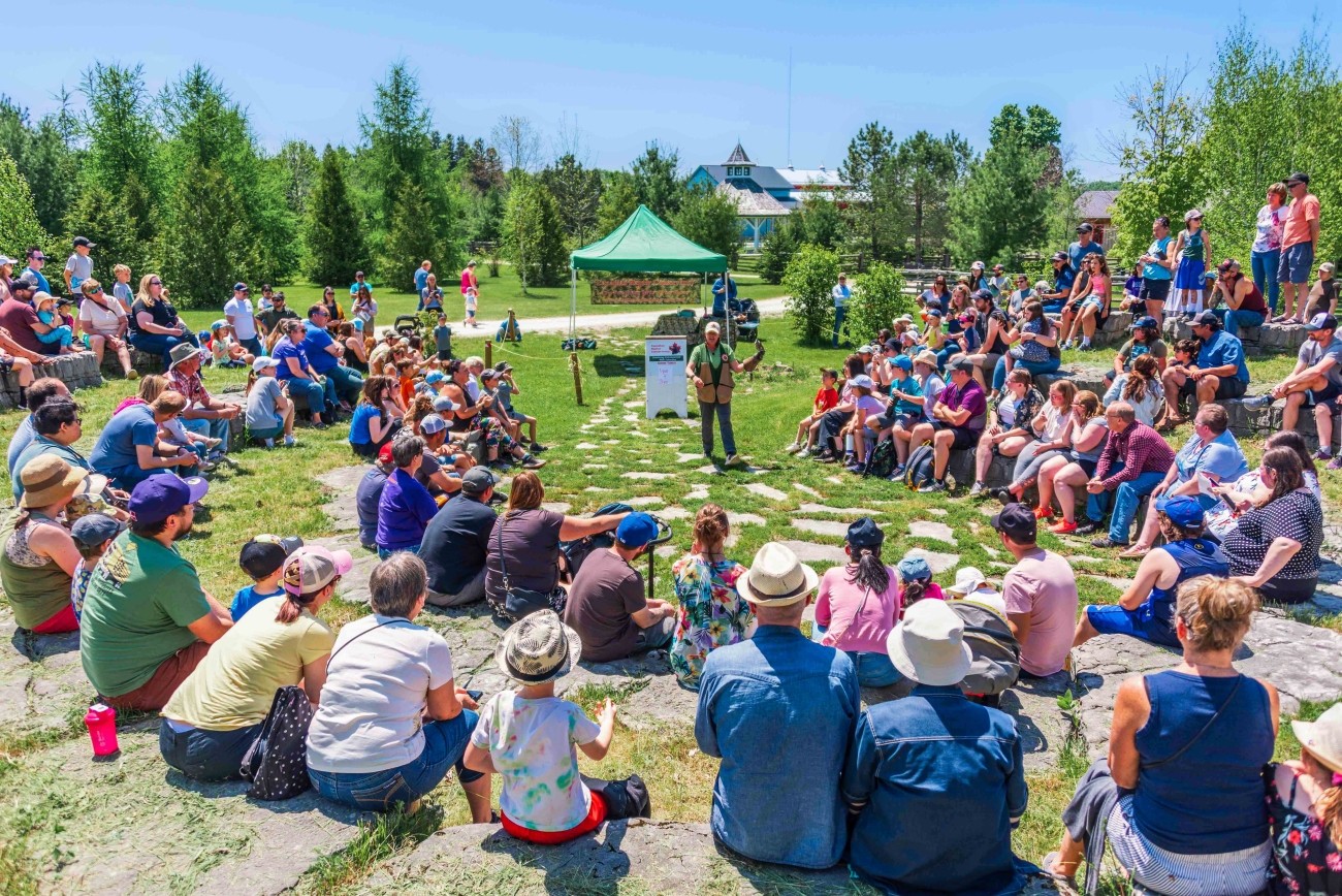 A presenter showcases a bird to a large group of people in an outdoor setting.