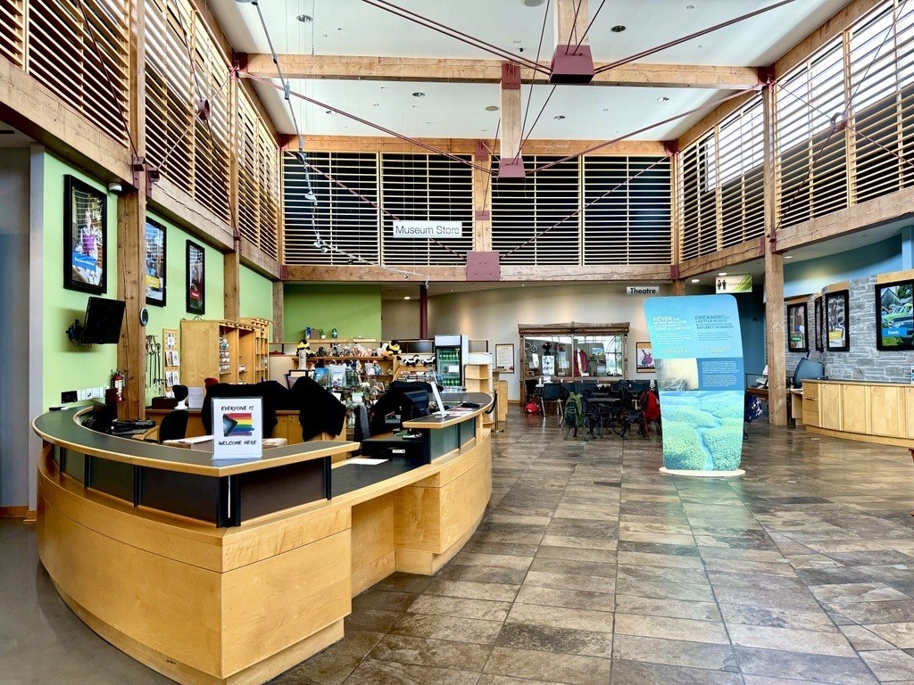 front desk and lobby inside Grey Roots