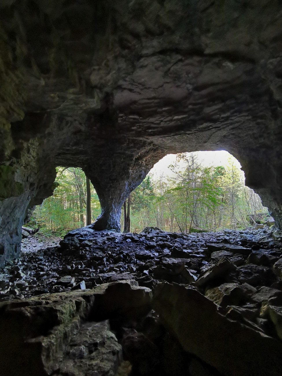 Looking out from inside of a deep cave.