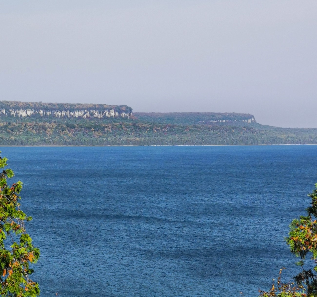 Limestone cliffs and forest seen from across a body of water.