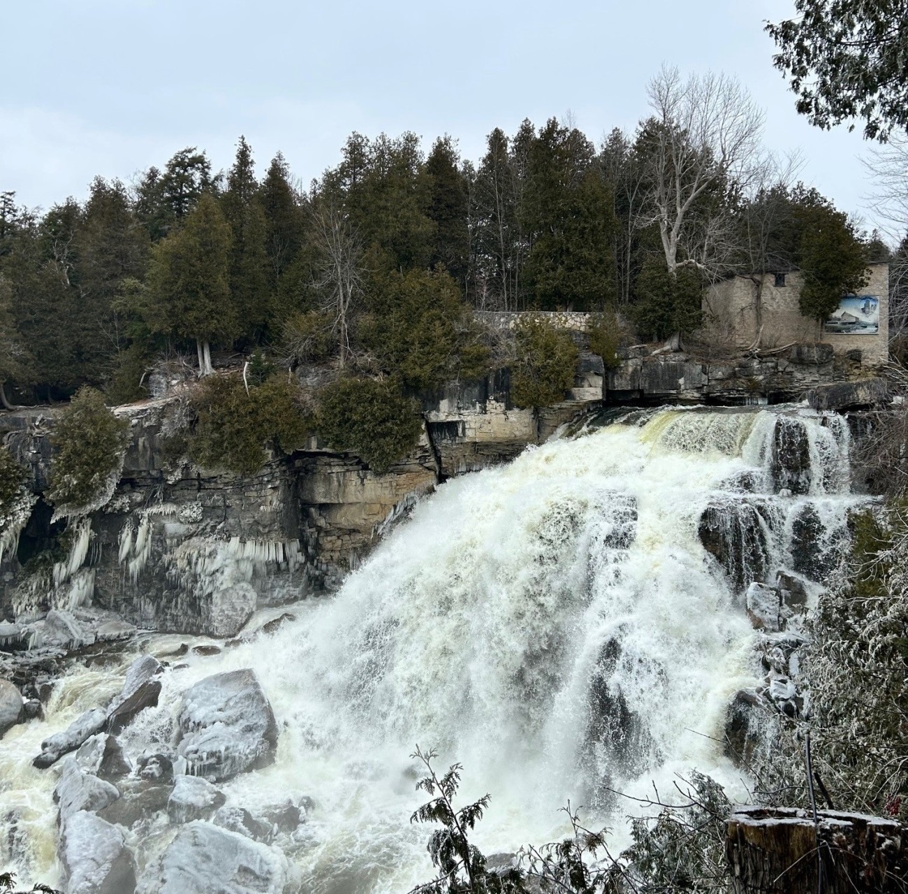 Wide view of a large waterfall in winter.