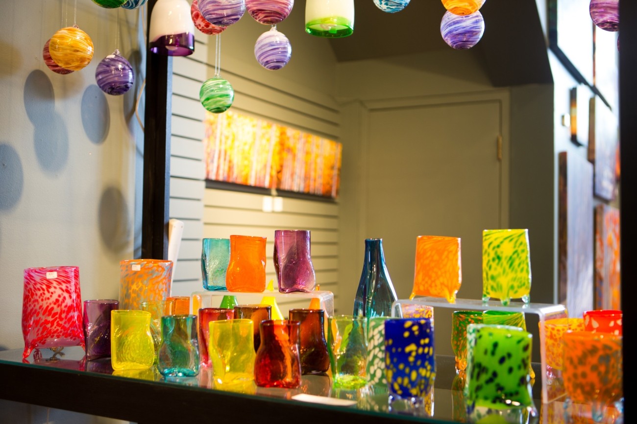 Colourful handblown glasses and glass decor.