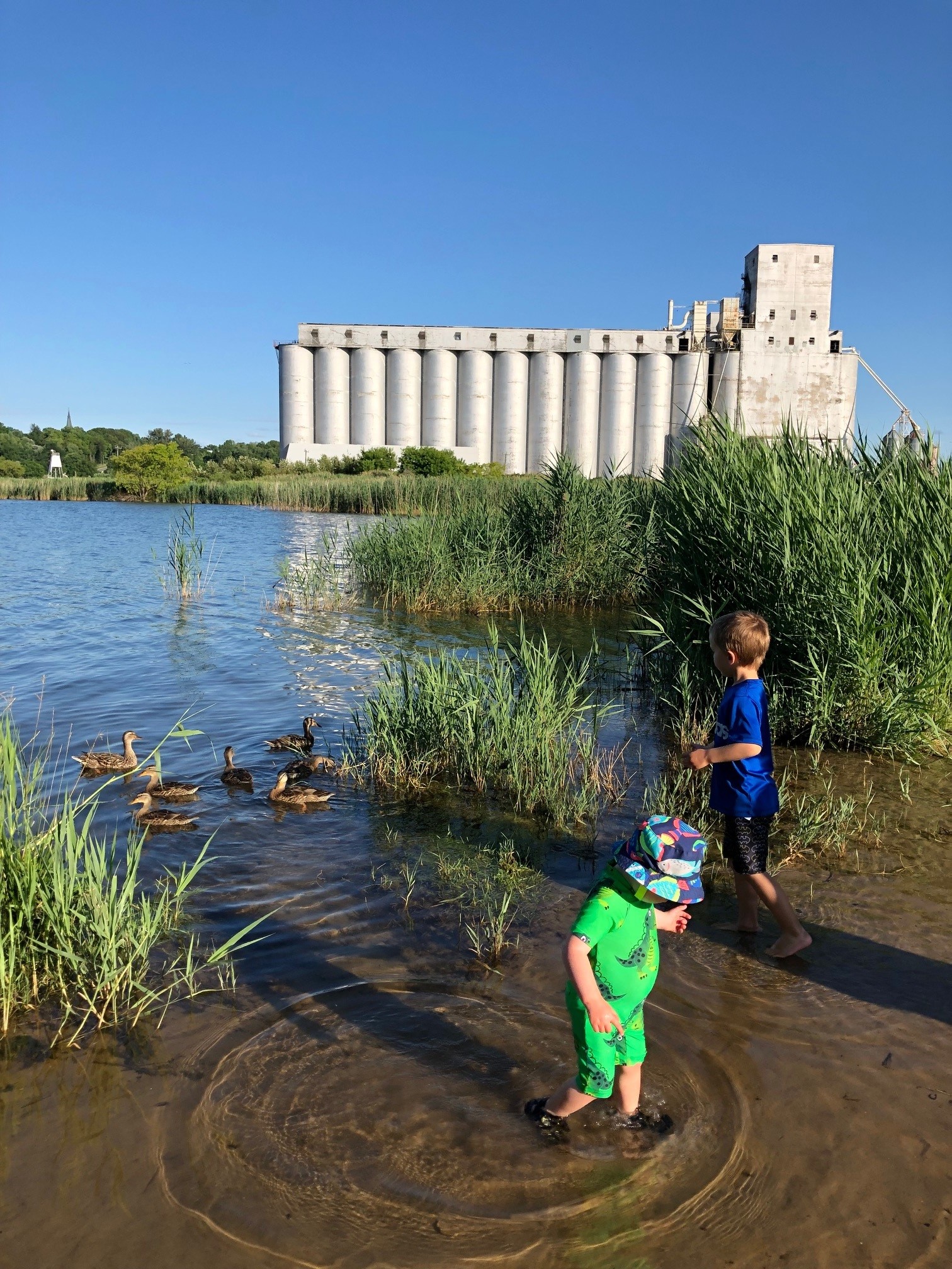 Two kids walking in the water at the beach 