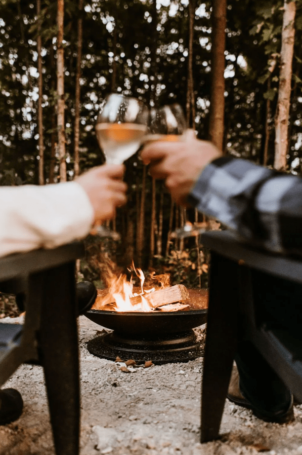 Two people sitting in front of a camp fire, holding glasses of wine