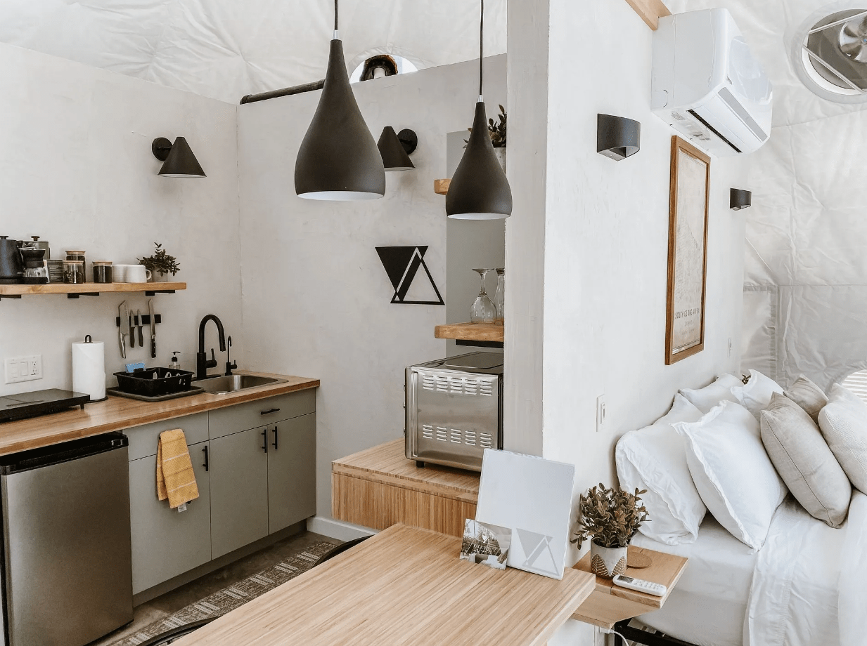 A kitchen and sleeping area.